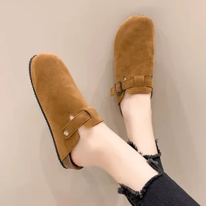 Baotou Women’s Couple Suede Retro Style Casual Half Slippers Large Size Slip-On Roman Shoes