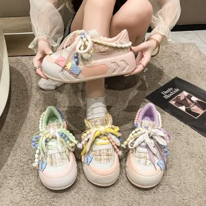 Basket Femme Retro Closed Toe Thick Sole Running Shoe Women’s Cute Colorful Platform Sneakers Tweed Patchwork Casual Shoes