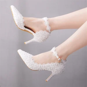 Beaded Wedding Shoes Bridal Lace Flower Pointed Toe High Heels Shoes for Women Buckle Strap Party Women’s Pumps