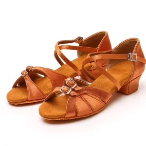 Beginner Girls Latin Salsa Dance Shoes Ballroom 3.5cm Low Heel Satin Practice Dance Shoes