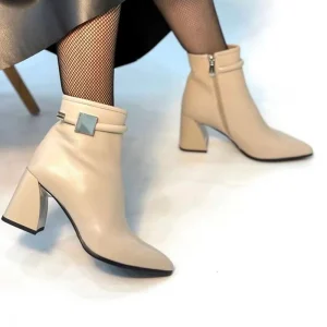Beige Sheepskin Ankle Boots For Women Pointed Toe Chunky Block Heel Side Zipper Plush Lining Office Wear