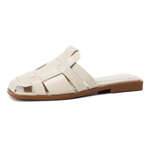 Beige Square Toe Women’s Casual Shoes Flats Mules Flat Sandals Rubber Outsole Slippers