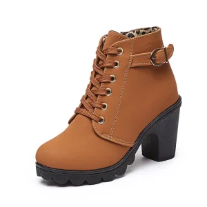 Belt Buckle Women’s Shoes Thick Heel Short Boots Round Boots Women’s Lace Up and Bare Boots