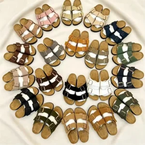 Best-Selling Clogs Sole Fashionable Double Button Retro Flat Beach Cork Sandals Genuine Leather Mules High Quality En Slippers