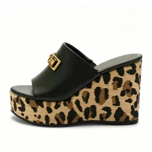 Big Size 46 Summer Leopard Print Sandals High Wedge Heels Peep Toe Mules Women’s Metal Decor Platform Shoes