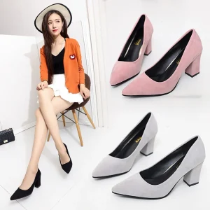 Big Size New Low Top Working Autumn Trim Leather Thick Solid Color Light Mouth PU Set Toe Head High Heel Women’s Shoes