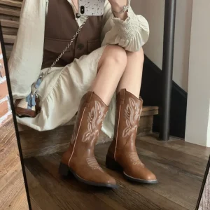 Big Size Women’s Autumn Mid calf Square Toe Embroidered Chunky Heel V Neck Western Cowboy Rider Boots Height Increasing Rubber