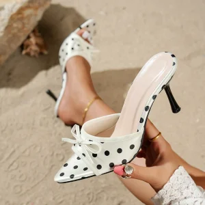Big Size Women’s Open-Toe Stilettos Slippers Polka-Dot Black Heeled Sandals Bows Sexy Slip-On Fashion Trend Summer