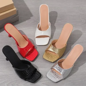 Big Size Women’s Summer Fish Mouth High Heel Slippers Plus Size Sandals Snake Pattern Fine Heel Square Head Outer Sandals