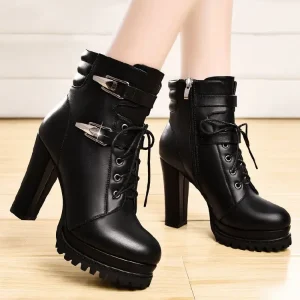 Black Ankle Women Fashion Waterproof Platform Strap Thick Heel Round Toe Increasing All Seasons Anti Slip