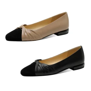 Black Beige Women’s Two-Tone Genuine Leather Mary Jane Flats with Twist Knot Almond Toe Anti-Slip Summer Fashion