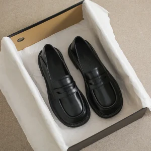 Black British style Women’s Microfiber Leather Shoes Thick Soles Spring New Model Slip On Chunky Heel Loafers Toe Dual use