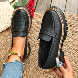 Black Chunky Loafers Women’s Croc Embossed Round Toe Slip On Lug Sole Shoes for Work School