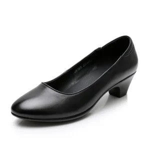 Black Cowhide Low Heel Non Slip Sole Officers Hotel Staff Uniform Ladies Work Shoes