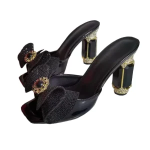 Black Diamond Rhinestone Luxury High Heel Shoes Women’s Open Toe Butterfly Sandals Sexy Mules Slippers Rubber Insole Summer