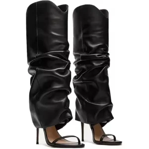 Black Elegant High Heel Boots Women’s Round Toe Stiletto Heels Knee High Boots