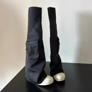 Black Girls’ Thick Sole Height Increasing Anti slip Fashionable Leather Work Calf Boots Motorcycle Women’s Shoes
