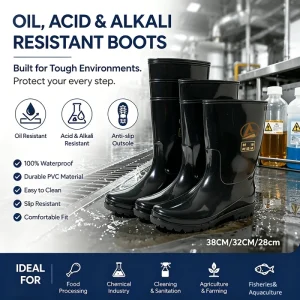 Black High Shaft PVC Slip Resistant Rain Boots Oil Acid And Alkali Resistant Food Grade Work Boots Canning Factory Warehouse
