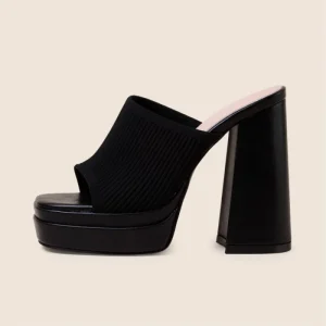 Black Knit Platform Heeled Mules Block Heel Open Toe Slip-On Party Evening Women’s Shoes