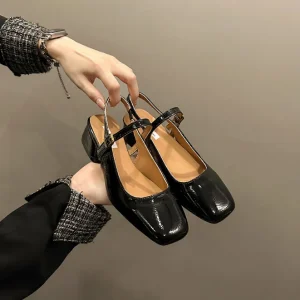Black Leather Open Back Square Toe Short Heel Daily Comfortable Elegant Women’s Heeled Slingback Sandals