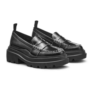 Black Leather Platform Chunky Sole Round Toe Arch Support Women Lug Leather Penny Loafers Shoes