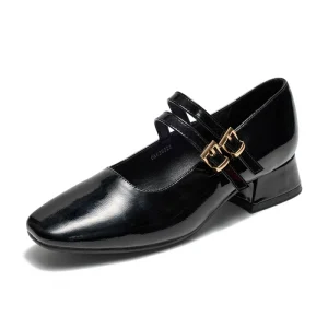 Black Mary Jane Ballet Cushioned Slip On Simple Design Summer Dress Shoes Square Toe Women Metal Buckle High Heel