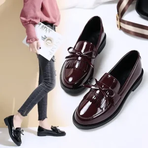 Black PU Leather Women’s Loafers Platform Slip on British Tassel Casual Flats Shoes Woman