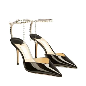 Black Patent Leather Pointed Toe Party Wedding Stiletto Heels with Rhinestone Ankle Strap Chain Women’s High Heel