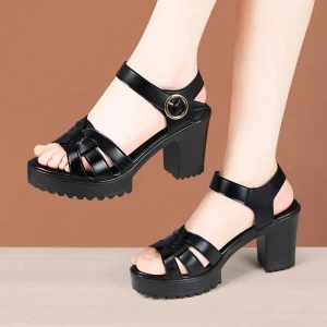 Black Platform Sandals 8cm Block Heel Gladiator Multi strap Lug Sole Plus Size Women Summer Shoes 32 43
