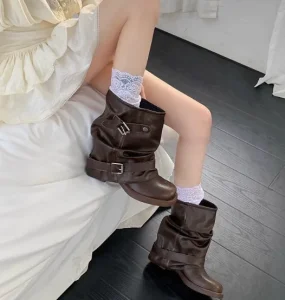 Black Pleated Western Cowboy Boots Round Toe Chunky Heel Belt Buckle Short Riding Boots for Women