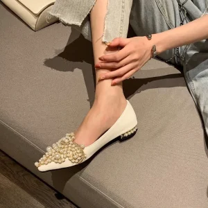 Black Pointed Toe Flat Single Shoes Pearl Embellished Women’s Shoes