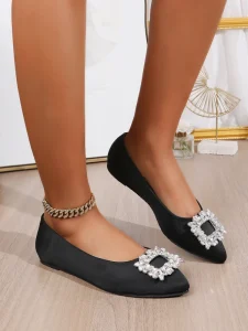 Black Satin Slip On Flats with Shiny Crystal Square Buckle Comfortable Elegant Pointed Toe Dress Shoes for Ladies