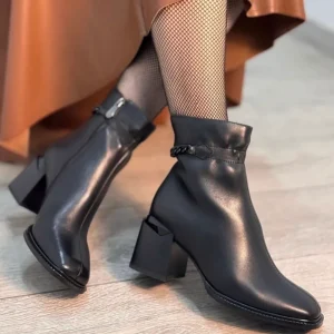 Black Square Toe Ankle Boots Thick Heel Elastic Cuffs Side Zipper Sheepskin Women’s Short Anti Slip Height