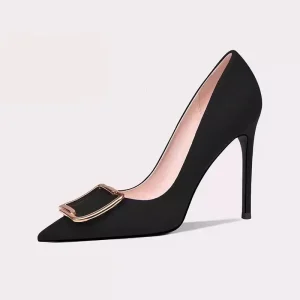 Black Stiletto Heels Women’s Dress Shoes Pointed Toe Pumps with Square Buckle Fashion Elegant Shoes for Office Party Wedding