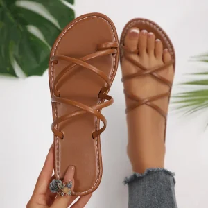 Black Stripe Cross Toe Flat Sandals Roman Style Casual Beach Slippers for Outdoor Wear Women’s Shoes Women’s Slippers