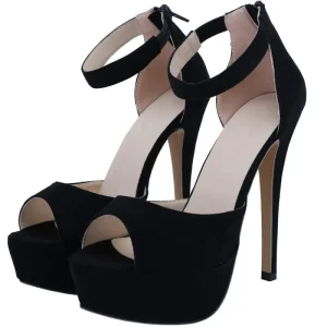 Black Suede Thin Heel Peep Toe Ankle Strap Buckle Platform Height Increasing EVERGREEN Women’s Heeled Sandals Plus Size