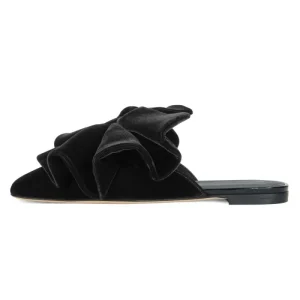 Black Velvet Strapless Mules With Bow Women Mule Flats Big Sizes Ladies Half Shoes