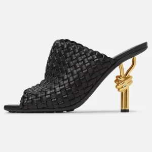 Black Women’s Formal Open Toe Woven Mules 9cm Heel First Layer Cowhide Upper Sheepskin Lining Comfortable Peep Toe Design
