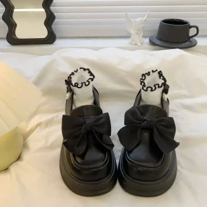 Black Women’s Slip-on Loafers New Summer Style Niche Design Bow Tie Thick-soled British Style Vintage Leather Shoes Single Shoes