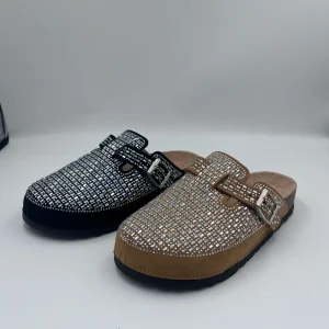 Bling Rhinestone Customized Unisex Soft Suede Clogs Cork Non Slip Soles Adjustable Buckles Style Slippers