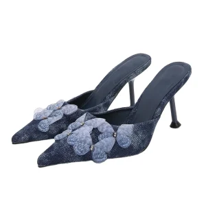 Blue Women’s Spring New Heeled Sandals Open Back High Heel Mules Butterfly Decor Closed Toe Half Slippers for Ladies