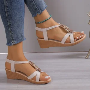 Bohemian Sandals Womens New Summer All-match Handmade Beaded Mid-heel Wedge Flat Open Toe Cool Shoes231 231