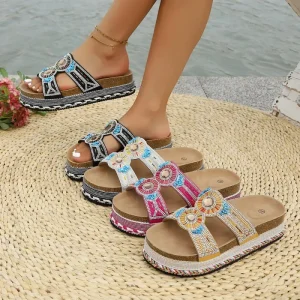 Bohemian Style Knit Upper Rubber Sole Thick Platform Slide Sandals Women’s Non-slip Home Slippers