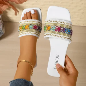 Bohemian Style Square Toe Flat Non Slip Lightweight Women’s Outdoor Woven Strap Beach Sandals Summer
