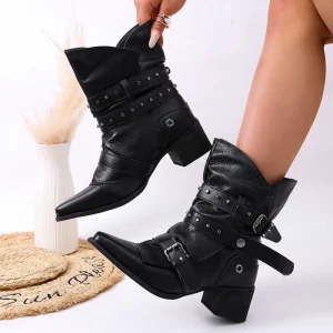 Botas De Cano Médio Retro Rivet Moto Mid Calf Boots Snake Skin PU Pointed Block Heel Multi Buckle Slip on Street Footwear