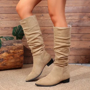 Botas Pelo Joelho Minimalist Slouch Western Tall Boots Matte Suede Pointed Low Heel Slip on All Season Casual Women Footwear