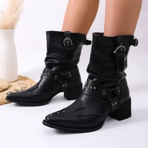 Bottes Mi mollet Women Soft PU Slouch Moto Mid Calf Boots Pointed Mid Block Heel Metal Buckle Rivet Slip on Biker Western Boots