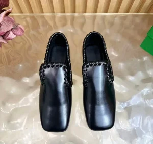 Bow Knot Black Women’s Flats Retro Moccasins with Braided Trim Durable Genuine Leather Slip on Shoes