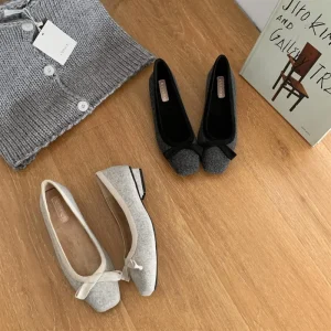 Bowknot Shallow Mouth French Style Retro Single Layer Ballet Flats Slip On Winter Women’s Flat Bottom Square Toe Shoes