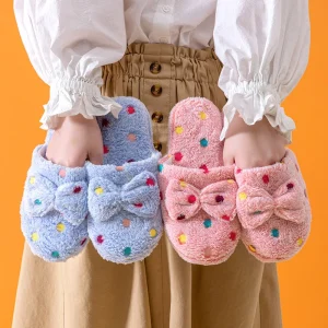 Bowknot Winter Women’s Baotou Japanese and Korean Style Sweet Girls Wooden Floor Home Warm Slippers